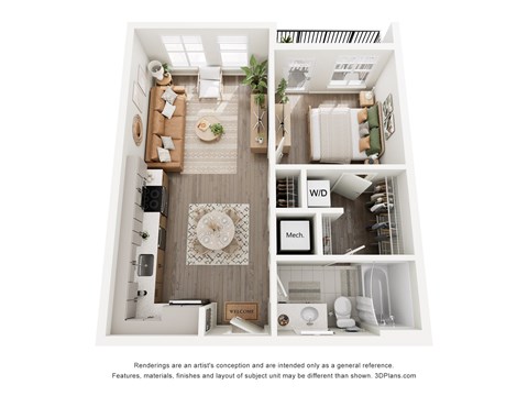 Floor plan for 1 bed, 1 bath, 564 sqft